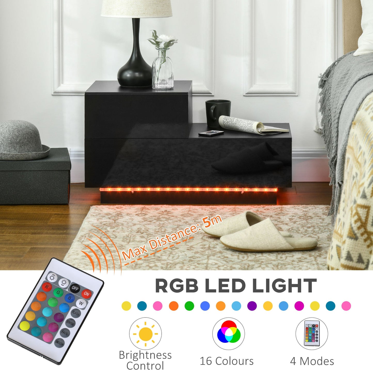 High Gloss Nightstand with RGB LED Light and Two Drawers - Black