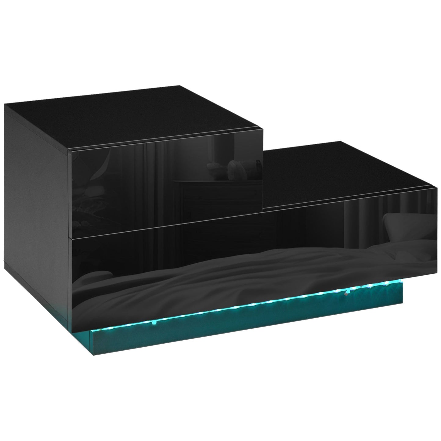 High Gloss Nightstand with RGB LED Light and Two Drawers - Black