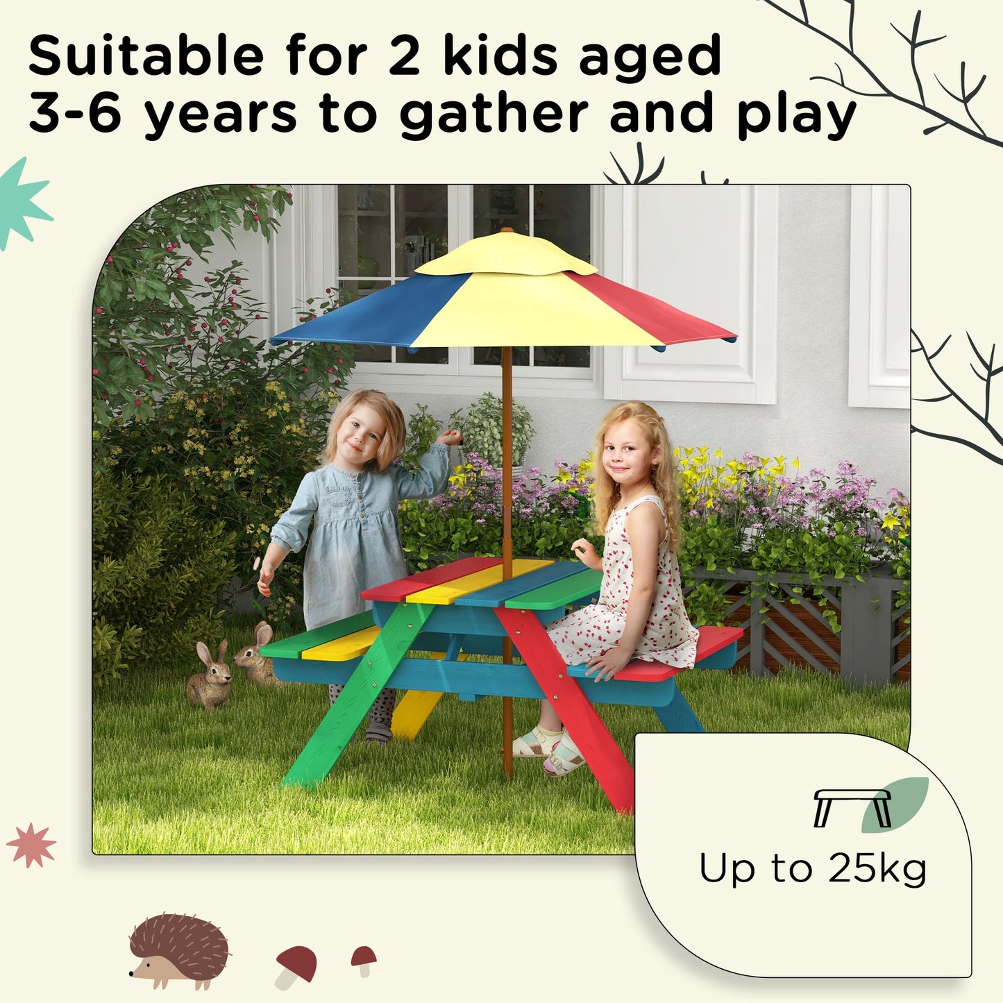 3 Piece Wooden Kids Table and Chair Set with Removable Parasol Multicoloured