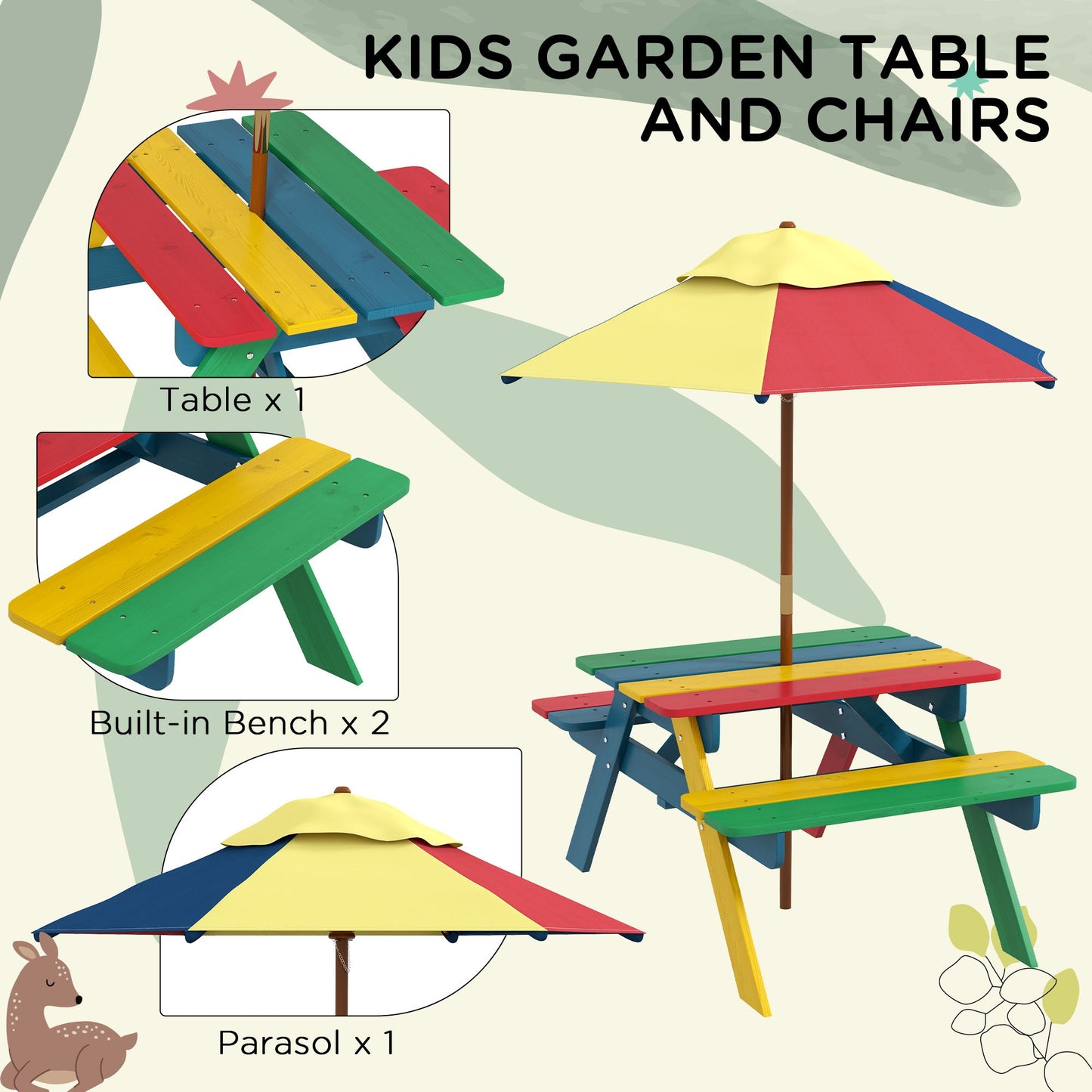 3 Piece Wooden Kids Table and Chair Set with Removable Parasol Multicoloured
