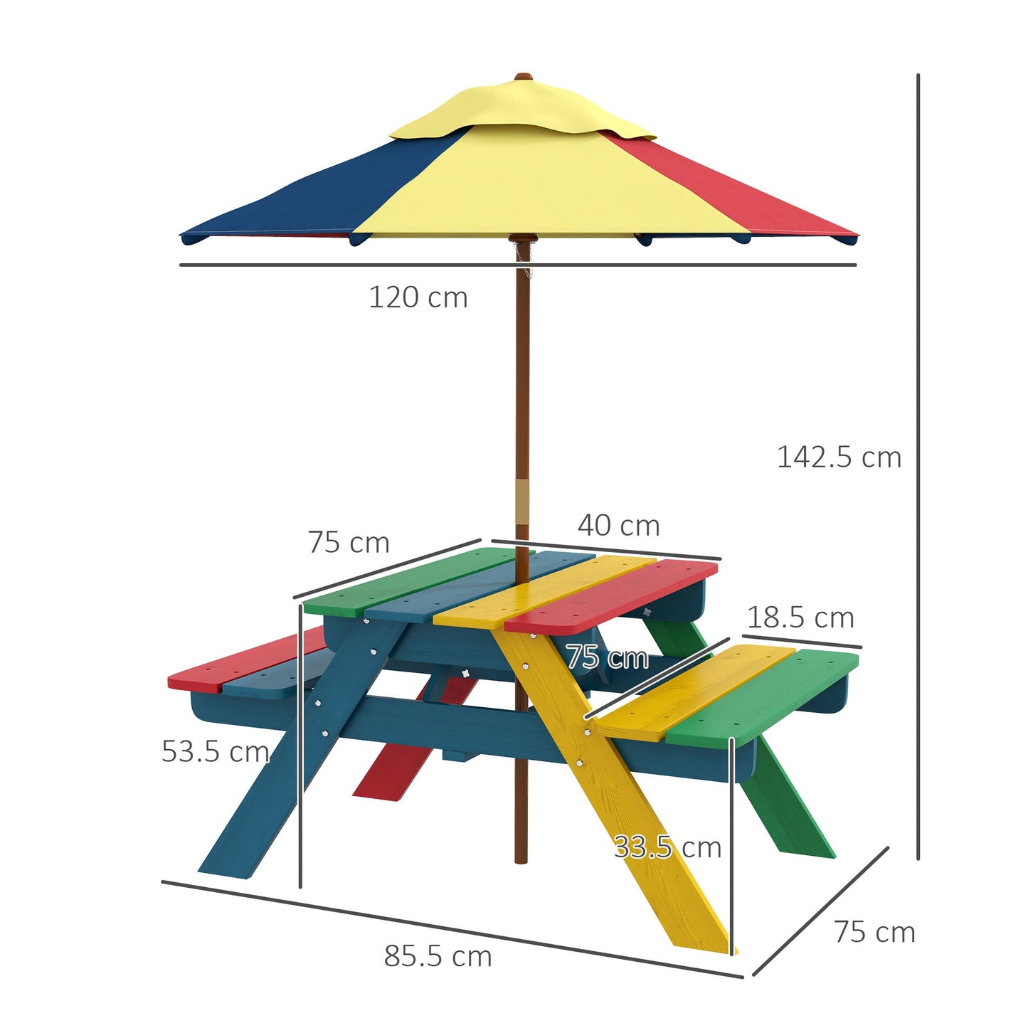 3 Piece Wooden Kids Table and Chair Set with Removable Parasol Multicoloured
