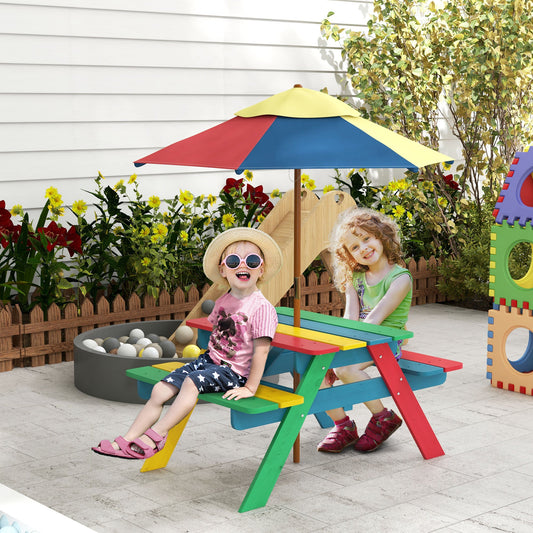 3 Piece Wooden Kids Table and Chair Set with Removable Parasol Multicoloured