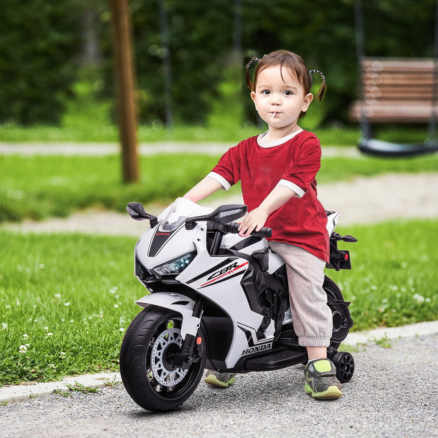 Electric Ride On Motorcycle with Headlights Music, 6V Battery Powered Kids Motorcycle Vehicle with Training Wheels, for 3-5 Years Old, White