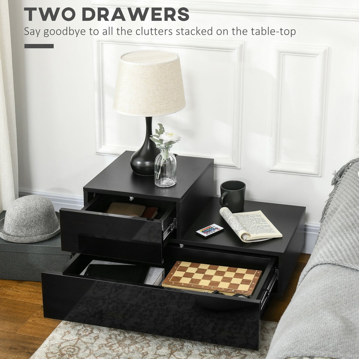 High Gloss Nightstand with RGB LED Light and Two Drawers - Black